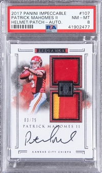 2017 Panini Impeccable #107 Patrick Mahomes II Signed Helmet Patch Rookie Card (#03/75) - PSA NM-MT 8